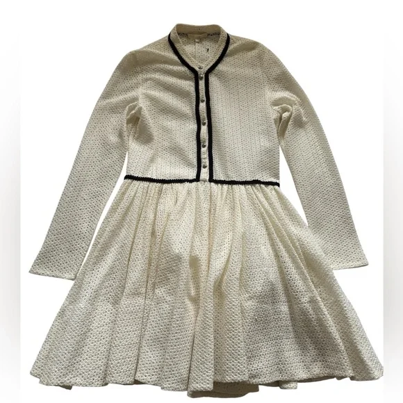 MAJE Rayane Ivory Black Piping Eyelet Lace Puffball Lined Dress Size 3 Large - Picture 7 of 14